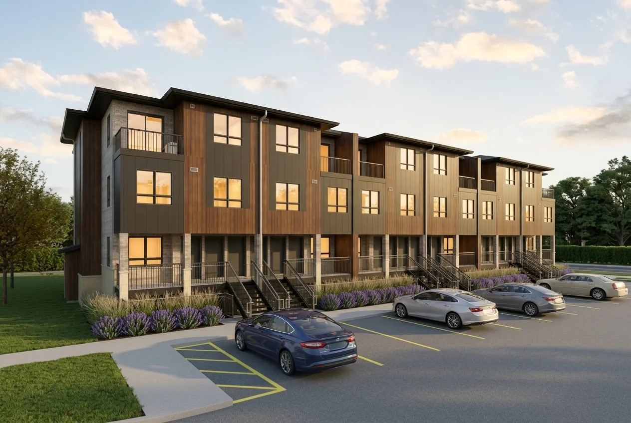 Artist's rendering of the AXIS TOWNS townhome building exterior in warm evening light